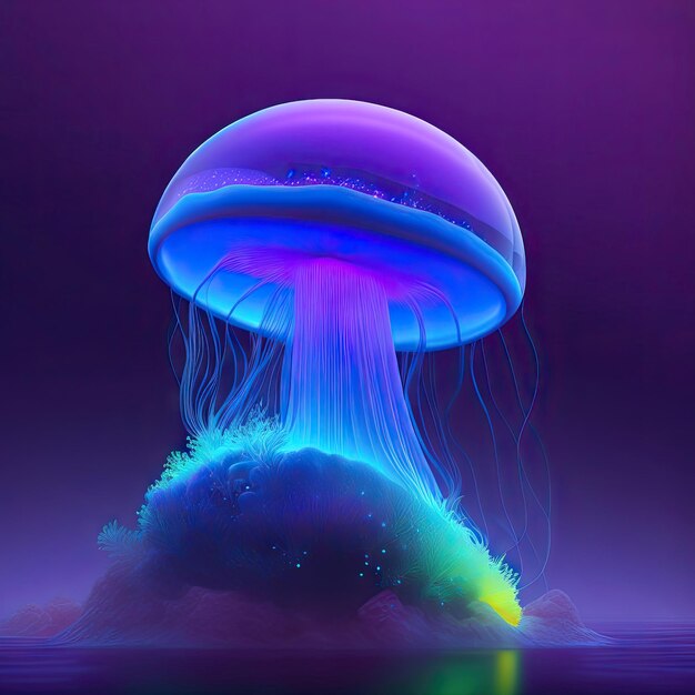 Medusas bioluminescentes brilhando roxo e azul no oceano