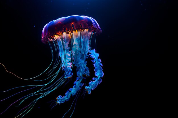 Medusas bioluminescentes nas profundezas do oceano irradiando um brilho de outro mundo na escuridão