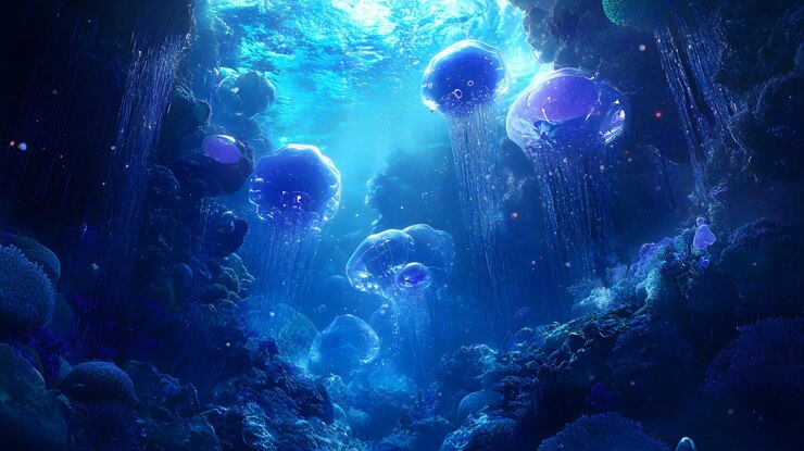 Medusas bioluminescentes que brillan en una cueva submarina