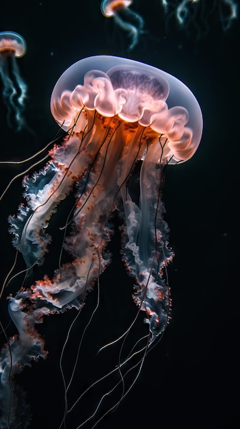 Medusas brilhantes nadam nas profundezas do azul colorido da água-viva brilhantes no escuro