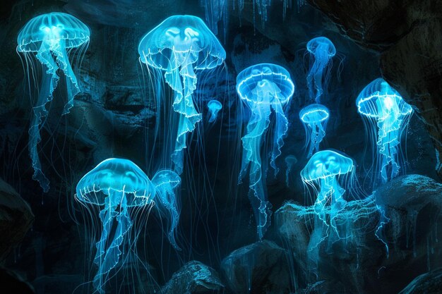 las medusas brillan en la oscuridad bajo una luz azul