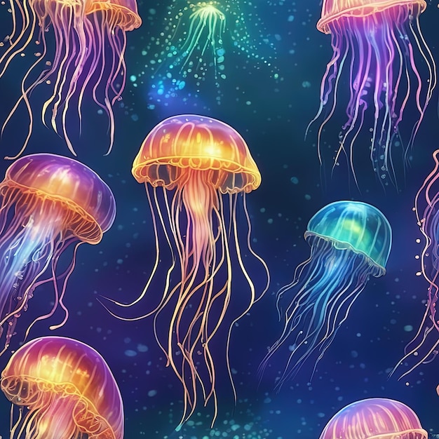 medusas con brillo de neón en la ilustración vectorial de fondomedusas con brillo de neón en el fondo