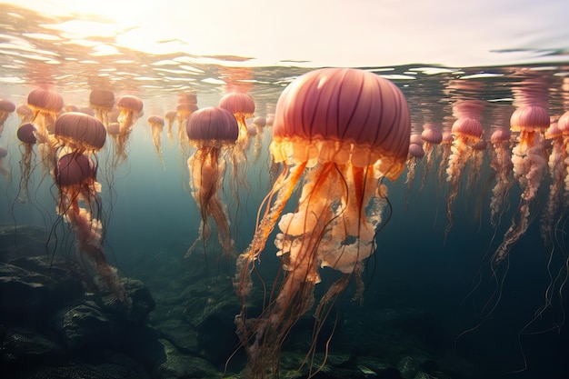 Medusas de color rosa naranja nadando en el agua del mar iluminada por el sol