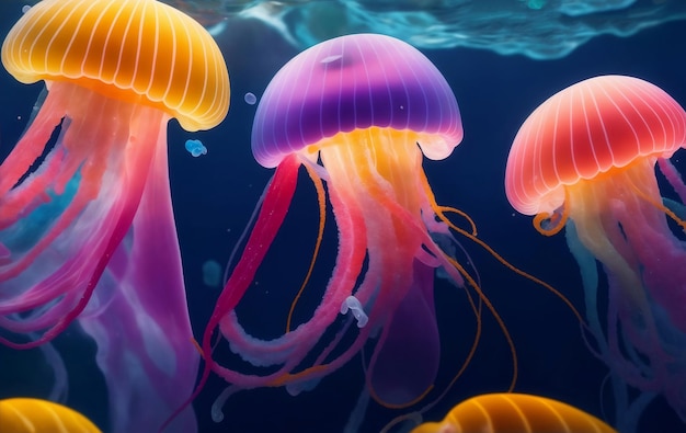 Medusas coloridas bajo el mar Ilustración generativa de IA