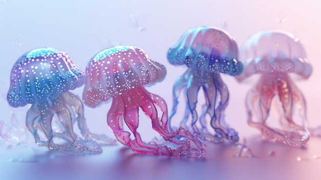 Medusas coloridas renderizadas em 3D em um fundo de gradiente