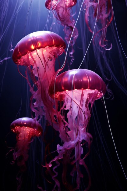 Medusas com brilho vermelho em água escura Belas medusas em fundo preto Orientação vertical
