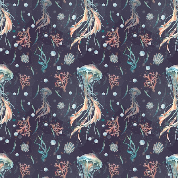 Medusas con conchas de corales y algas sobre un fondo azul oscuro Ilustración de acuarela Patrón sin costuras de la colección MEDUSA Y CABALLO DE MAR Para embalaje de papel de papel tapiz textil de tela