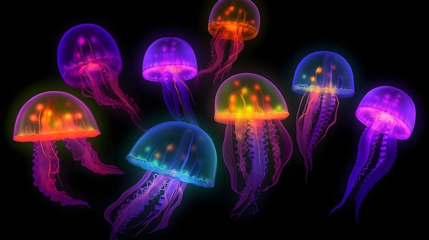 Medusas-do-mar brilhantes na imagem gerada pela rede neural de fundo escuro