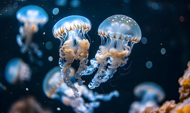 Las medusas flotan en un tanque con fondo oscuro