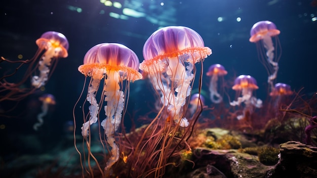 Medusas flotando en un tanque con algas y rocas ai generativo