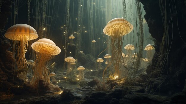 Foto medusas con fondo dorado