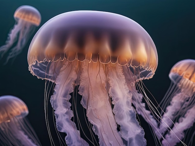 Medusas en un fondo negro macro Medusas en el océano