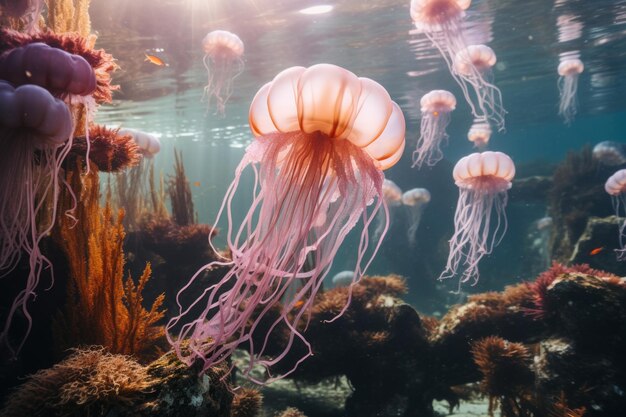 Medusas majestosas cor-de-rosa e marrom exploram as profundidades enigmáticas do oceano