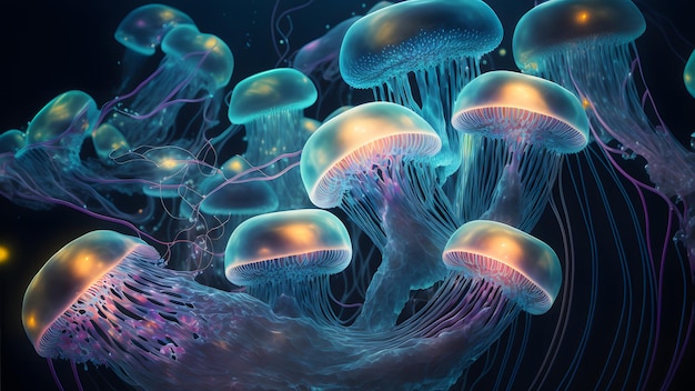 Medusas de mar que brillan intensamente en el arte generado por la red neuronal de fondo oscuro