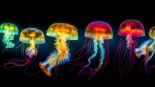 Medusas marinas brillantes sobre fondo oscuro Arte generado por red neuronal Red neuronal generada en mayo de 2023 No se basa en ninguna escena o patrón real