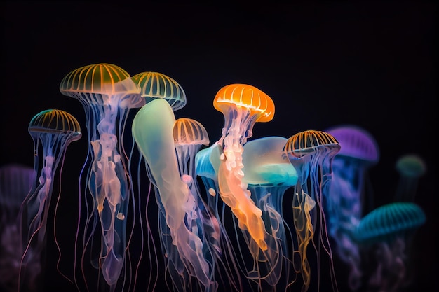 Medusas marinas brillantes sobre fondo oscuro Generador AI