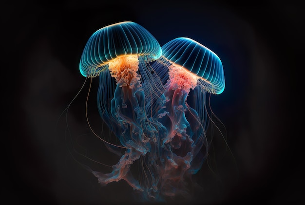 Foto medusas marinas brillantes sobre fondo oscuro red neuronal generada arte generativo ai
