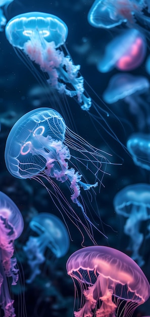 Medusas marinhas brilhantes em fundo escuro imagem gerada por rede neural