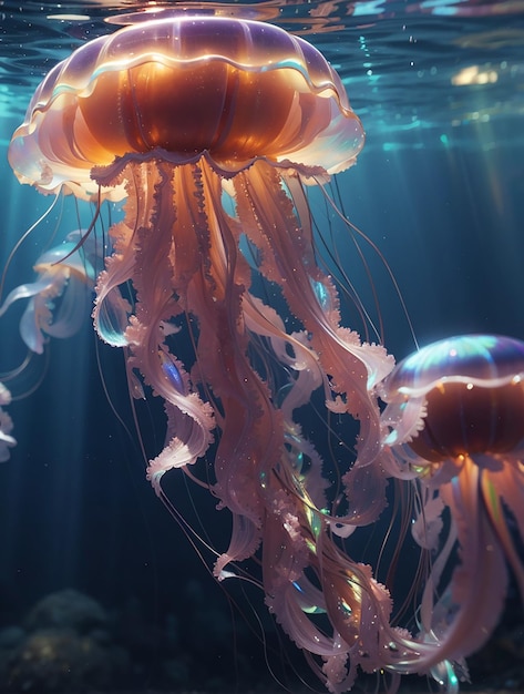 Medusas marinhas brilhantes em rede neural de fundo escuro