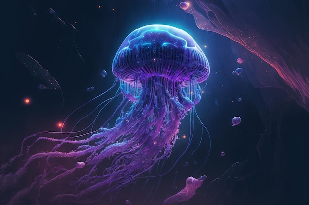 medusas moradas de fantasía de ciencia ficción en el fondo del mar