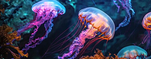 Foto medusas nadando em um aquário animais subaquáticos em cores de néon no mar