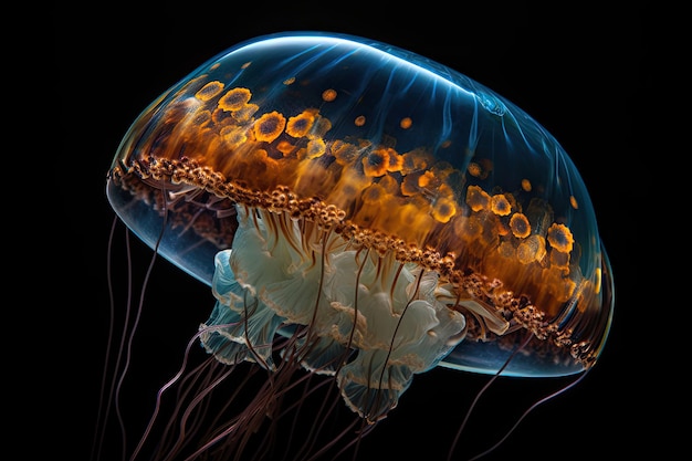 Medusas nadando en el mar Hermosa medusa iluminada IA generativa