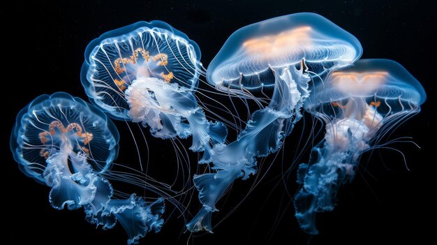 Foto medusas nadando na água em um fundo preto medusas é uma vida marinha