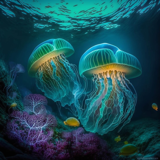 Medusas nadando en el océano con corales y peces generativos ai