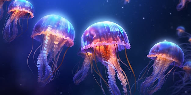 Medusas nadando en el océano con IA generada