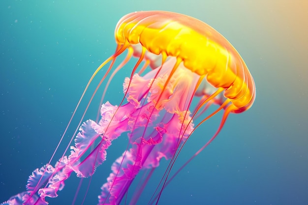 Medusas de neón amarillo rosa en el espacio submarino