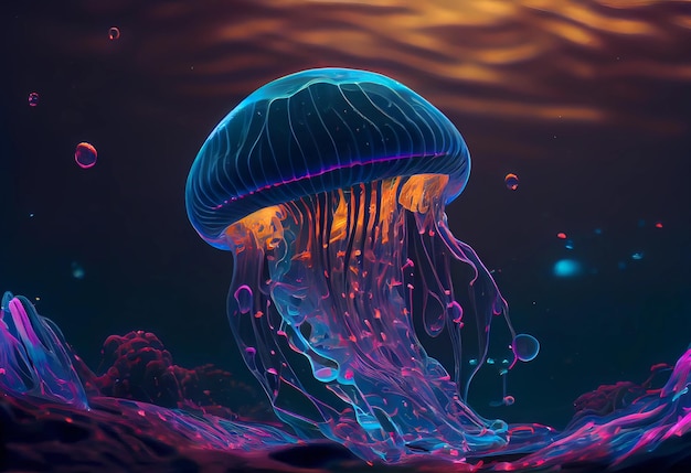 Medusas de neón en el mar azul resplandor medusas