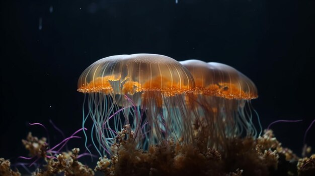 Medusas no aquário no fundo escuro