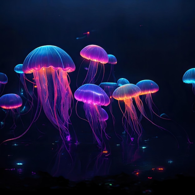 Medusas en la oscuridad con luces azules