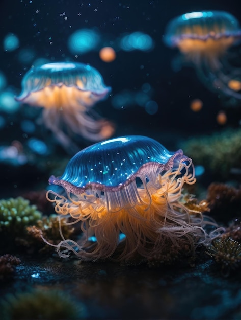 Foto medusas principalmente desfocadas em fundo azul escuro foco seletivo