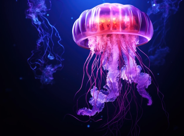 Medusas púrpuras flotando en aguas oscuras