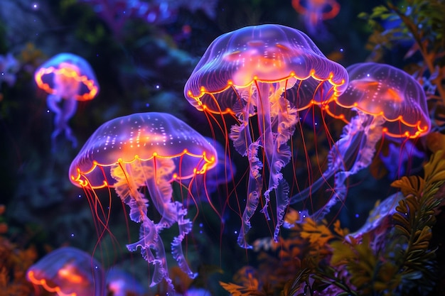 medusas púrpuras en un tanque con luces naranja y púrpura