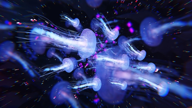 Medusas resplandecientes nadan en lo profundo del mar azul Fantasía de medusas de neón Medusa en el cosmos espacial entre estrellas 3d render