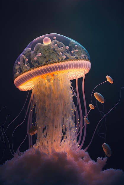 Medusas resplandecientes nadan en lo profundo del mar azul Medusa fantasía de medusas de neón en el espacio cosmos agua ilustración 3d