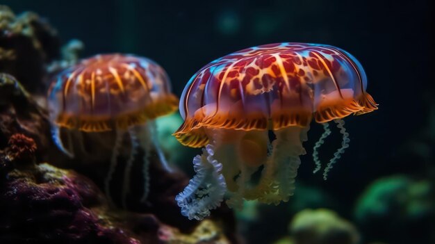 Medusas en un tanque con la palabra medusas en el fondo