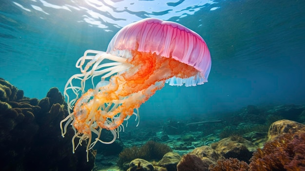 Medusas tropicales gigantes bajo el agua en un brillante y colorido paisaje de arrecifes de coral