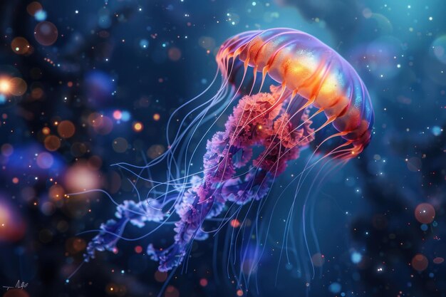 Medusas vibrantes brilhando debaixo d'água com tentáculos coloridos em cascata em um ambiente oceânico mágico escuro cercado por bolhas encantadoras