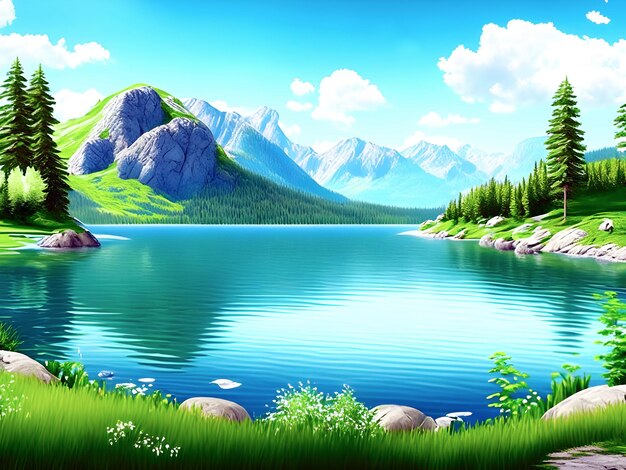 Meer, Hügel, Wolken und Bäume Illustration Natur Landschaft Hintergrund KI generiert