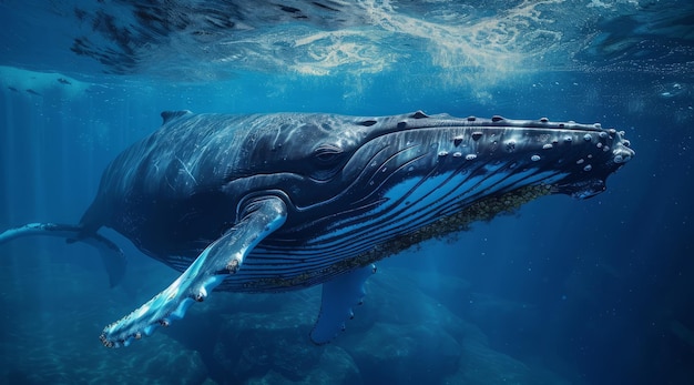 Meer und Wal schwimmen unter Wasser in klarem Wasser für den Tourismus, Ferien, Abenteuer und Reisen blau
