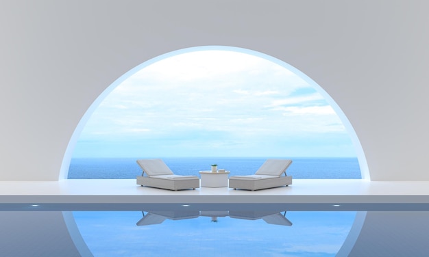 Meerblick neben Terrasse und Sonnenliegen im Swimmingpool moderner Luxus-Meerblick im Urlaub 3D-Darstellung Touristenort Urlaub in der Sommersaison Fantasie und Realität in traumhafte Räume