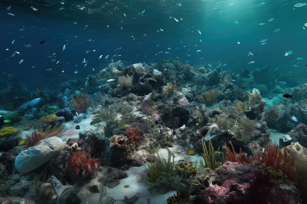 Meeresbodenverschmutzung voller Müll und Plastikmüll, erzeugt durch KI
