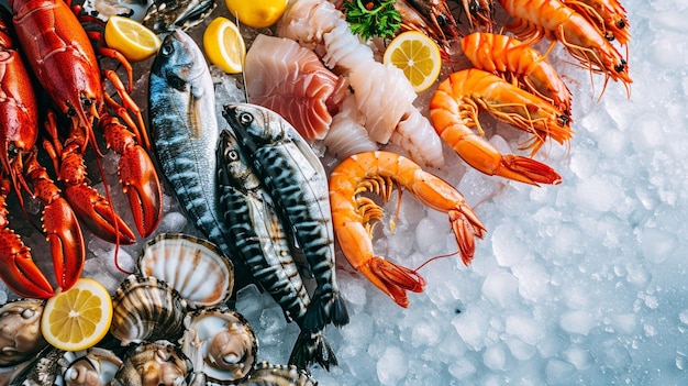 Meeresfrüchte auf Eis auf dem Fischmarkt Generative Ai