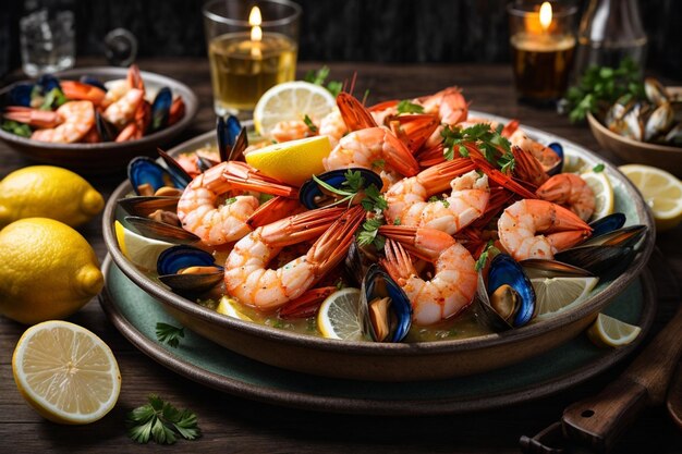 Meeresfrüchte mit Garnelen Muscheln Hummer mit Zitrone serviert