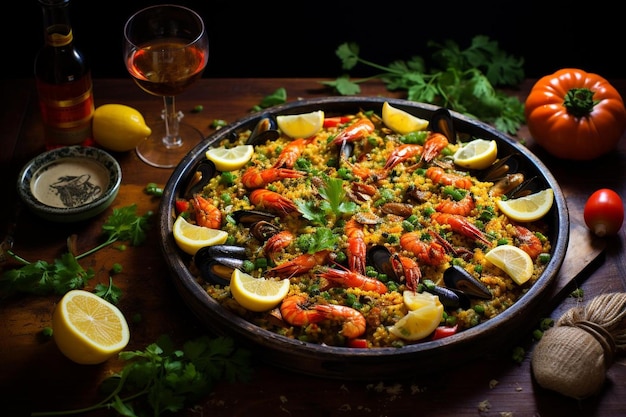 Meeresfrüchte-Paella auf einem Holztisch