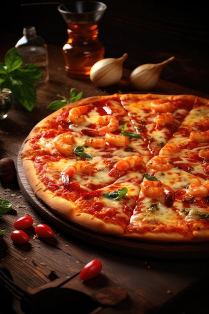 Meeresfrüchte-Pizza mit Tomatensauce auf einem Holztisch