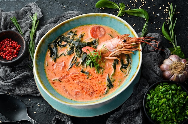 Meeresfrüchtesuppe Tomatensuppe mit Garnelen in einer Schüssel auf schwarzem Steinhintergrund Draufsicht Rustikaler Stil